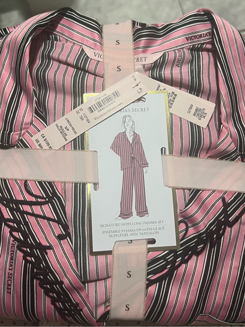 Victoria's Secret Satin Pajama Set - Pink & Black Stripe